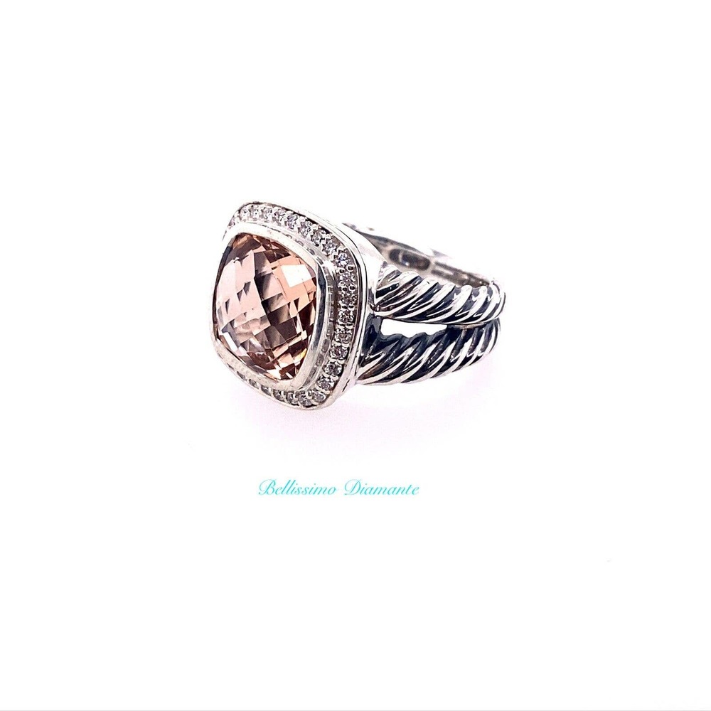 David Yurman Sterling Silver Albion Ring 11mm with Morganite and Diamonds Size 7